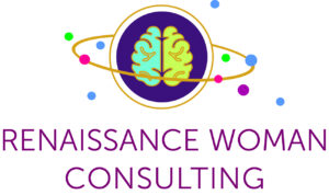 Renaissance Woman Consulting Logo with a brain lit up in both hemispheres and multi-colored circles orbiting around it.