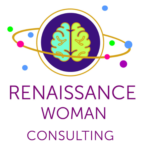 Renaissance Woman Consulting Logo with a brain lit up in both hemispheres and multi-colored circles orbiting around it.