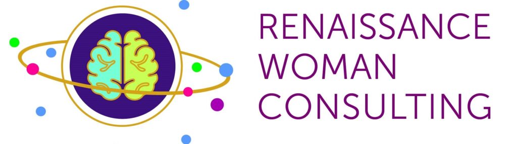 Renaissance Woman Consulting Logo with a brain lit up in both hemispheres and multi-colored circles orbiting around it.