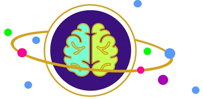 Brain lit up in both hemispheres and multi-colored circles orbiting around it.