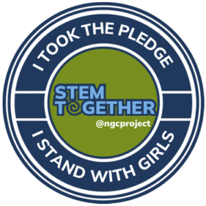 Circle with the outside in blue and the inside in green. White text around the perimeter reads "I took the pledge. I stand with girls." On the inside it says "STEM Together" @ngcproject and the "o" in together is a spiral.