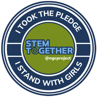 Circle with the outside in blue and the inside in green. White text around the perimeter reads "I took the pledge. I stand with girls." On the inside it says "STEM Together" @ngcproject and the "o" in together is a spiral.