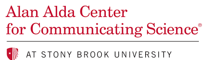 Logo Alan Alda Center for Communicating Science, at Stony Brook University with red crest next to text
