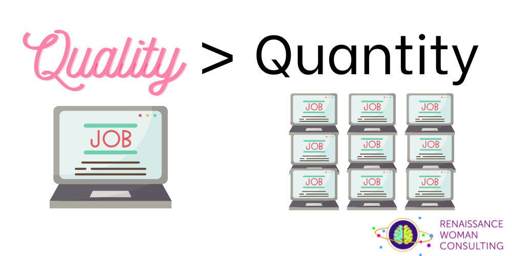 The word quality is written in a fancy cursive font in a pink color in the upper left. Next to it is a greater than sign and the word quantity is in a plan black font to the right of the symbol. Below quality is one large drawing of a computer with the word "job" in the center of the screen surrounded by green lines with black lines below representing text. To the right are nine small copies of the same image.