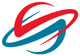 Logo STEM Journeys with Swirl of red and blue look like they form a planet with a ring