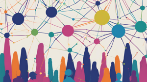 Multicolored lines and dots connected in a network above abstract blobs of ink in the shapes of human figures.