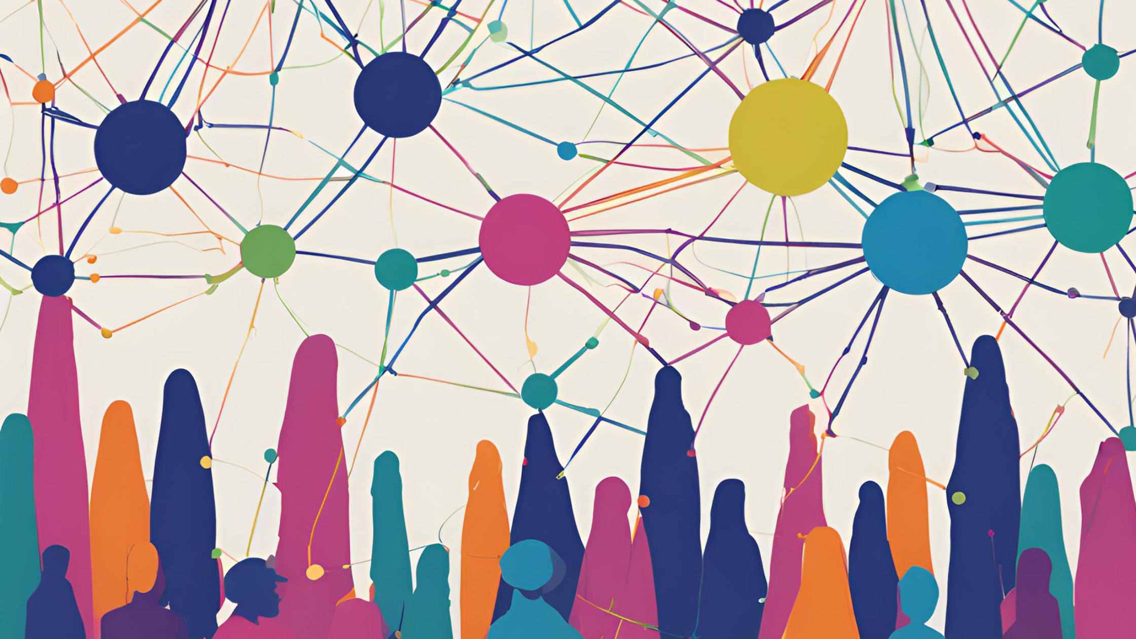 Multicolored lines and dots connected in a network above abstract blobs of ink in the shapes of human figures.