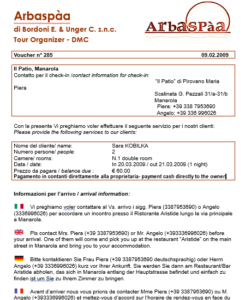 Receipt for room reservation from Arbaspàa. Most of the text is in Italian with English translations. Arrival information at the bottom is Spanish, English, German and French.