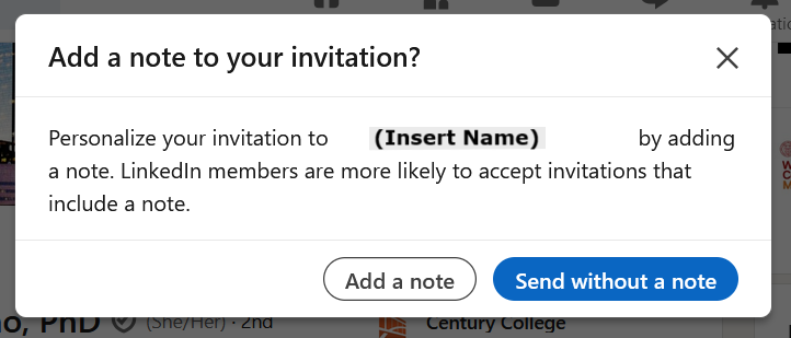 Message asking "Add a note to your invitation? Text notes that adding a note makes LinkedIn members more likely to accept your invitation. Buttons at the bottom show "add a note" and "send without a note"