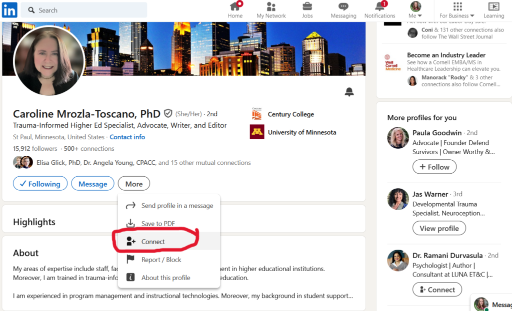 Text: Screenshot of LinkedIn Profile page. The “More” button near the center of the screen has been clicked on and a menu is shown below it. There is a red circle around the “Connect” menu item which is the third item down.