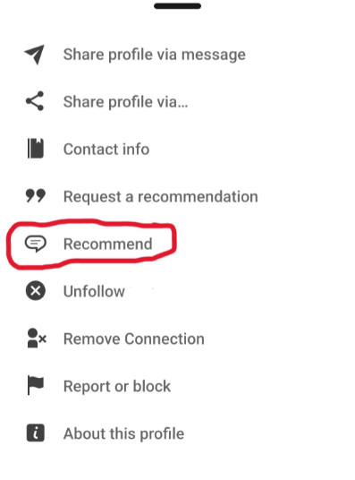 LinkedIn Profile more menu with the fourth item, "Recommend" circled in red.