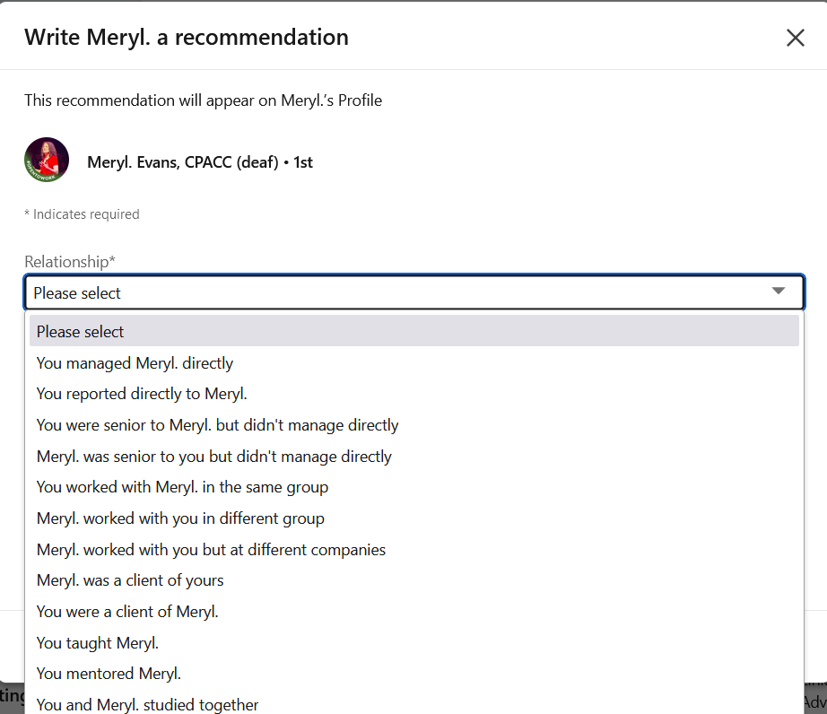 The "Relationship" drop-down menu shows 12 options, starting with "You managed Meryl. directly" and ending with "You and Meryl. studied together".