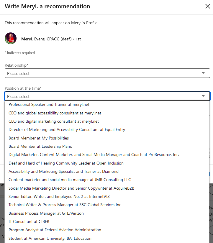 Position at the time drop-down menu containing 17 items, starting with "Professional Speaker and Trainer at meryl.net" and ending with "Student at American University, BA, Education.