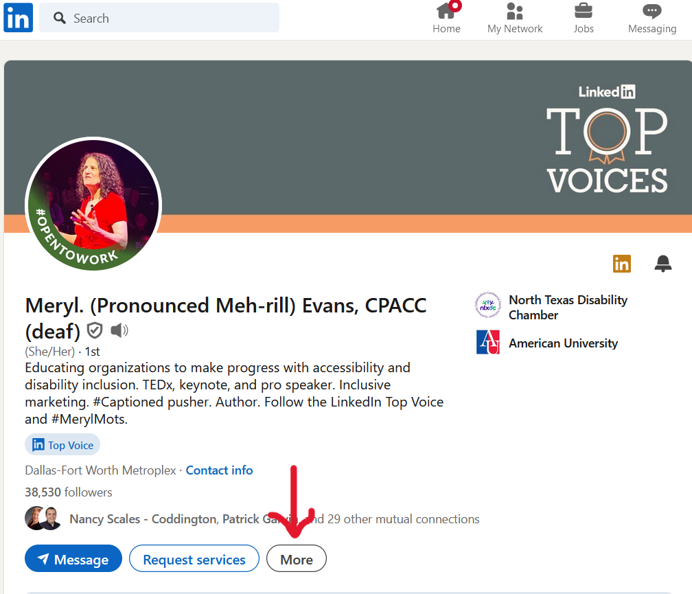 Screenshot of the top portion of Meryl Evan's LinkedIn Profile page. It notes in the top right that she is a LinkedIn Top Voice and has her profile picture on the top left. It shows her name, headline and other information. At the bottom are three buttons, one which says "More". A red arrow has been drawn pointing at the button.