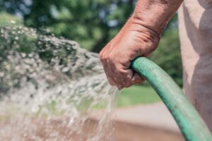 Back of a hand holding a spraying green garden hose. Photo by Gratisography