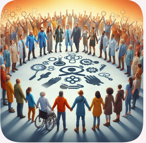 AI-created image showing a diverse collection of STEM community members holding hands in a circle with STEM icons in the center.