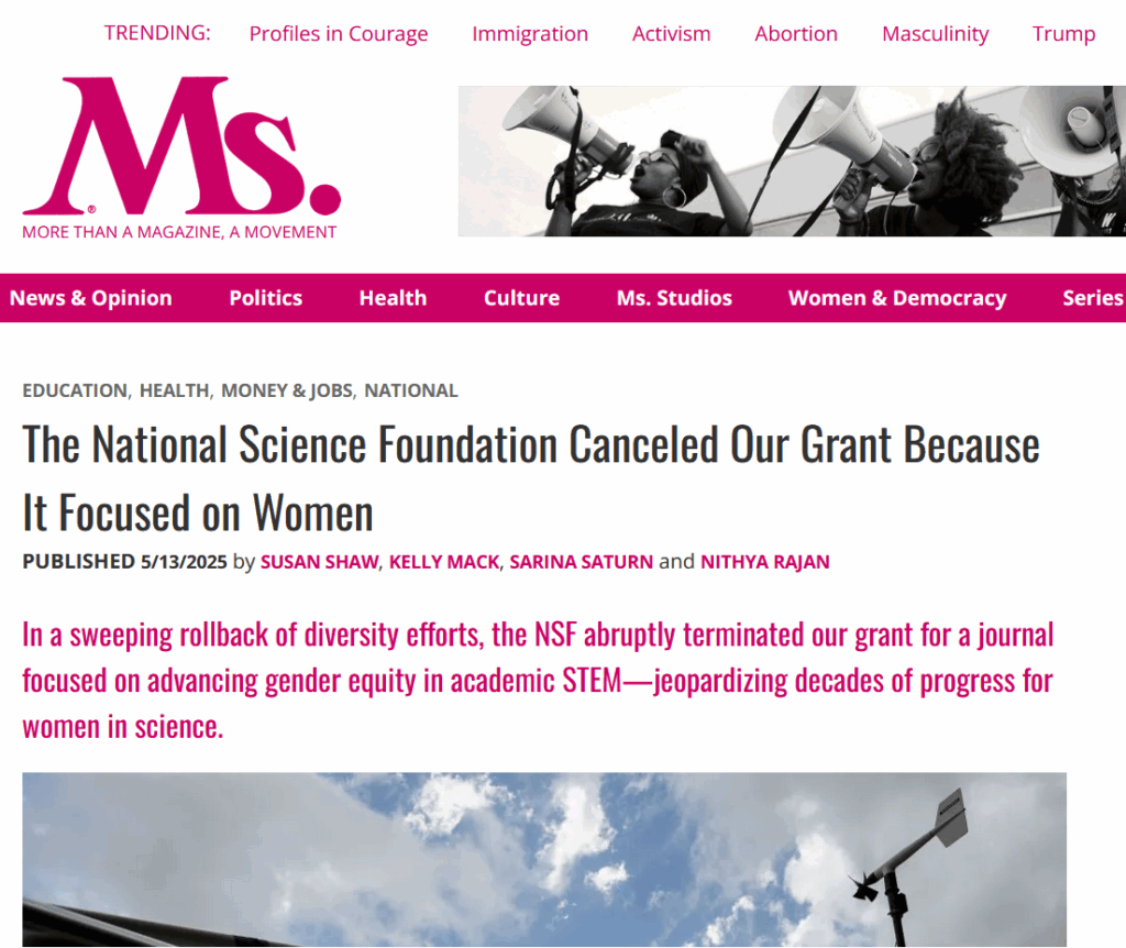 Screenshot of Ms. Magazine webpage with article entitled "The National Science Foundation Canceled Our Grant Because It Focuses on Women"