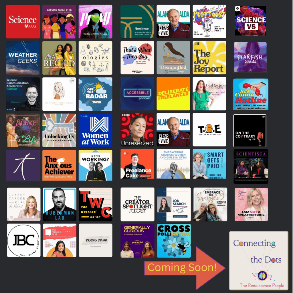 'Images of podcast thumbnails with "Connecting the Dots with The Renaissance People" in the lower right corner and an arrow pointing to it with the text "Coming Soon!"'